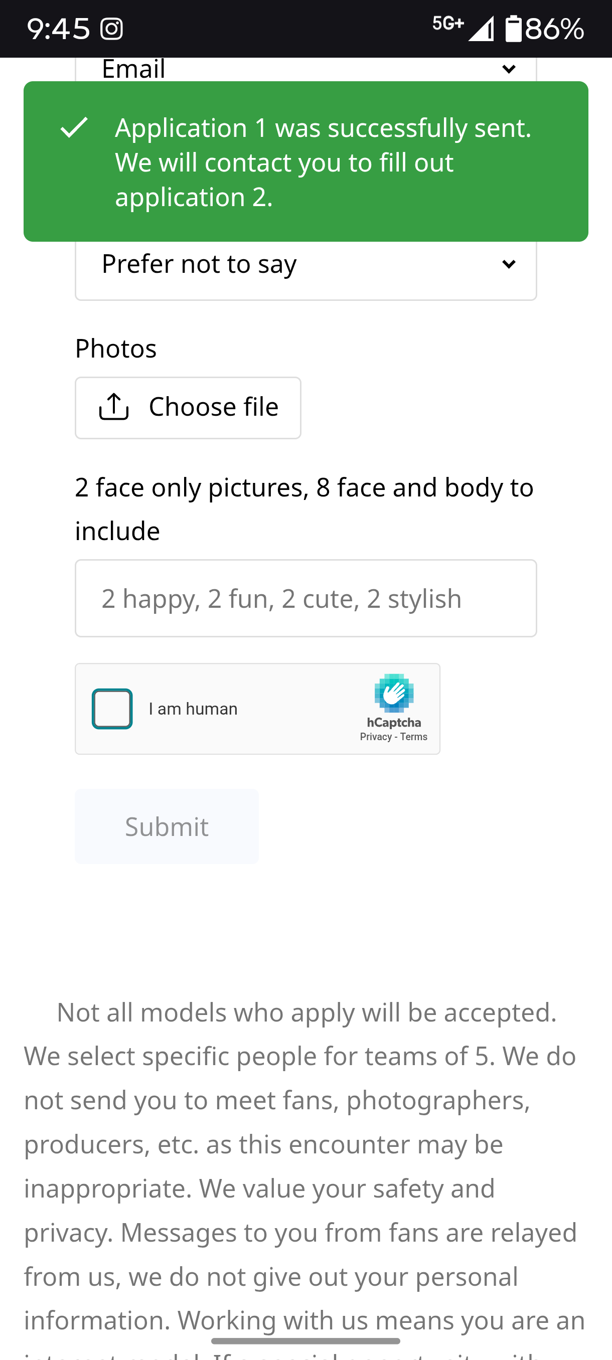 screenshot to show a successfully submitted form